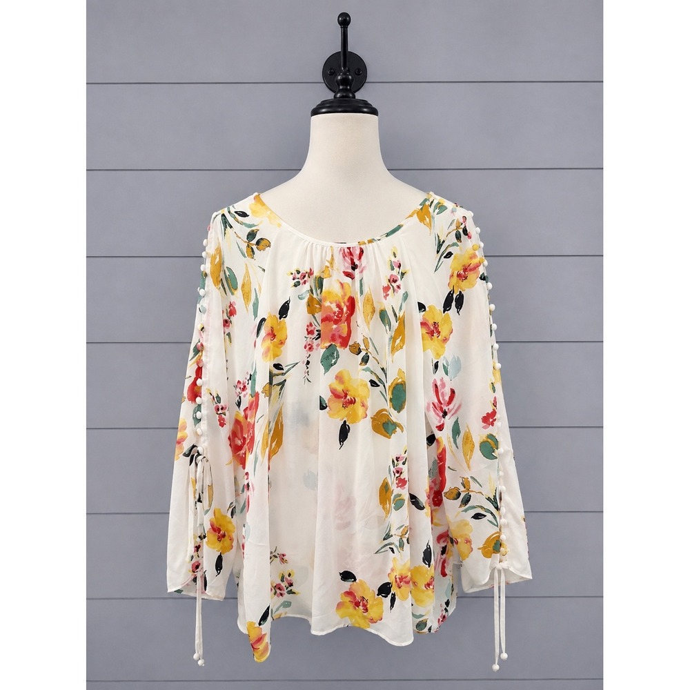 Zac & Rachel Blouse Top XL White Floral Split Sleeve Bead Trim Tie Wide Sleeves